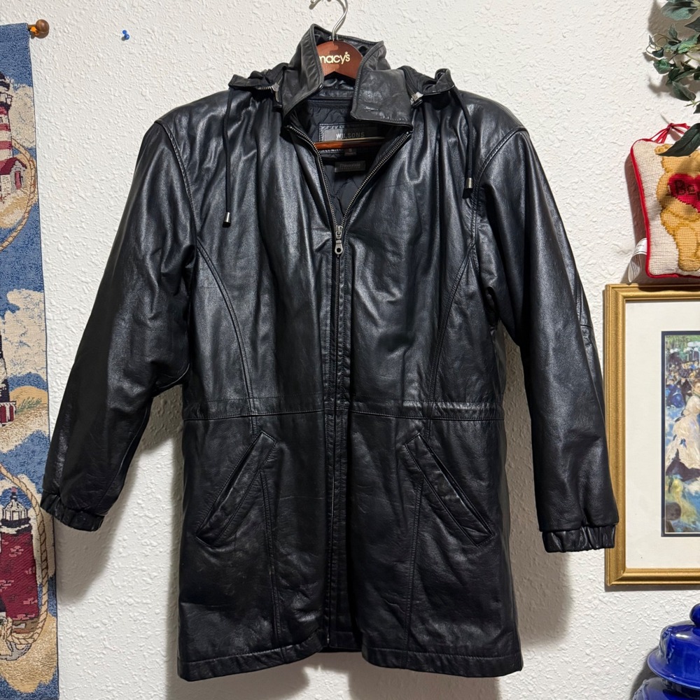 Wilsons Leather Mens Black Hooded Coat Thinsulate Insulated‎ Jacket S oversized